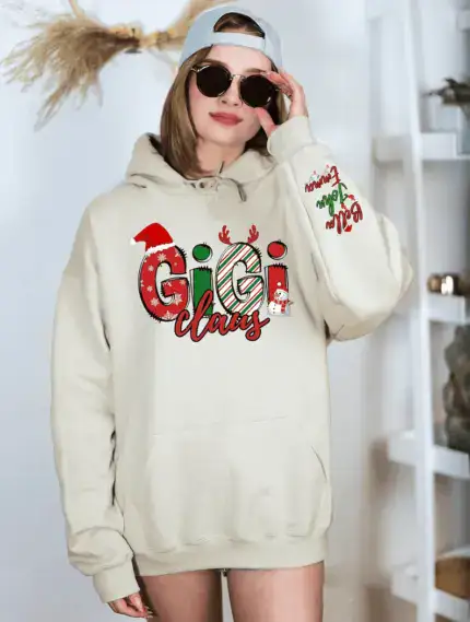 Custom Nana Claus Hoodie, Mimi Claus Hoodie, Xmas Mimi Sweater, Custom Grandkids Hoodie, Christmas Hoodie for Woman, Holiday Sweater