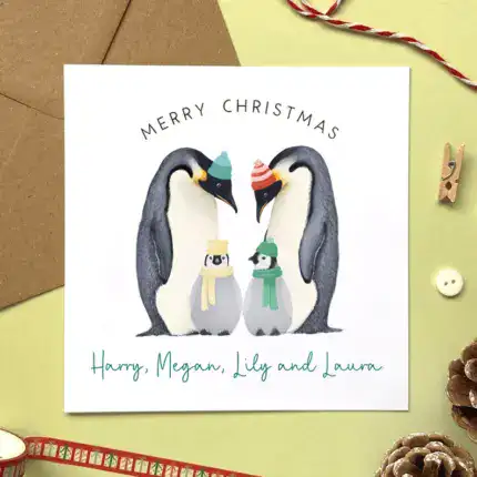 Personalised Penguin Family Christmas Card | Daughter, Son, Granddaughter, Grandson, Niece, Nephew, Two Children, Three Kids